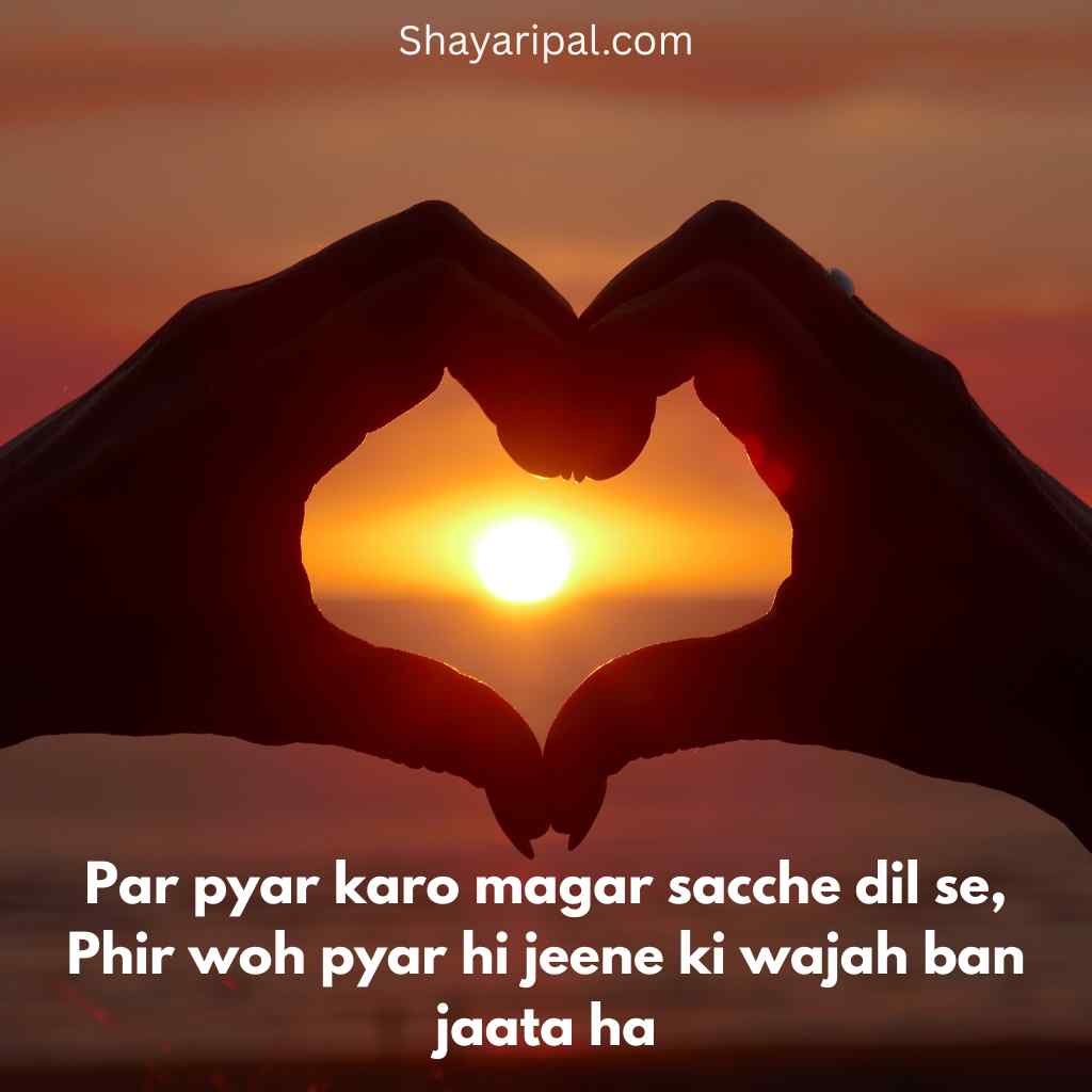 tru love shayari image with heart shaped hands at sunset expressing true love