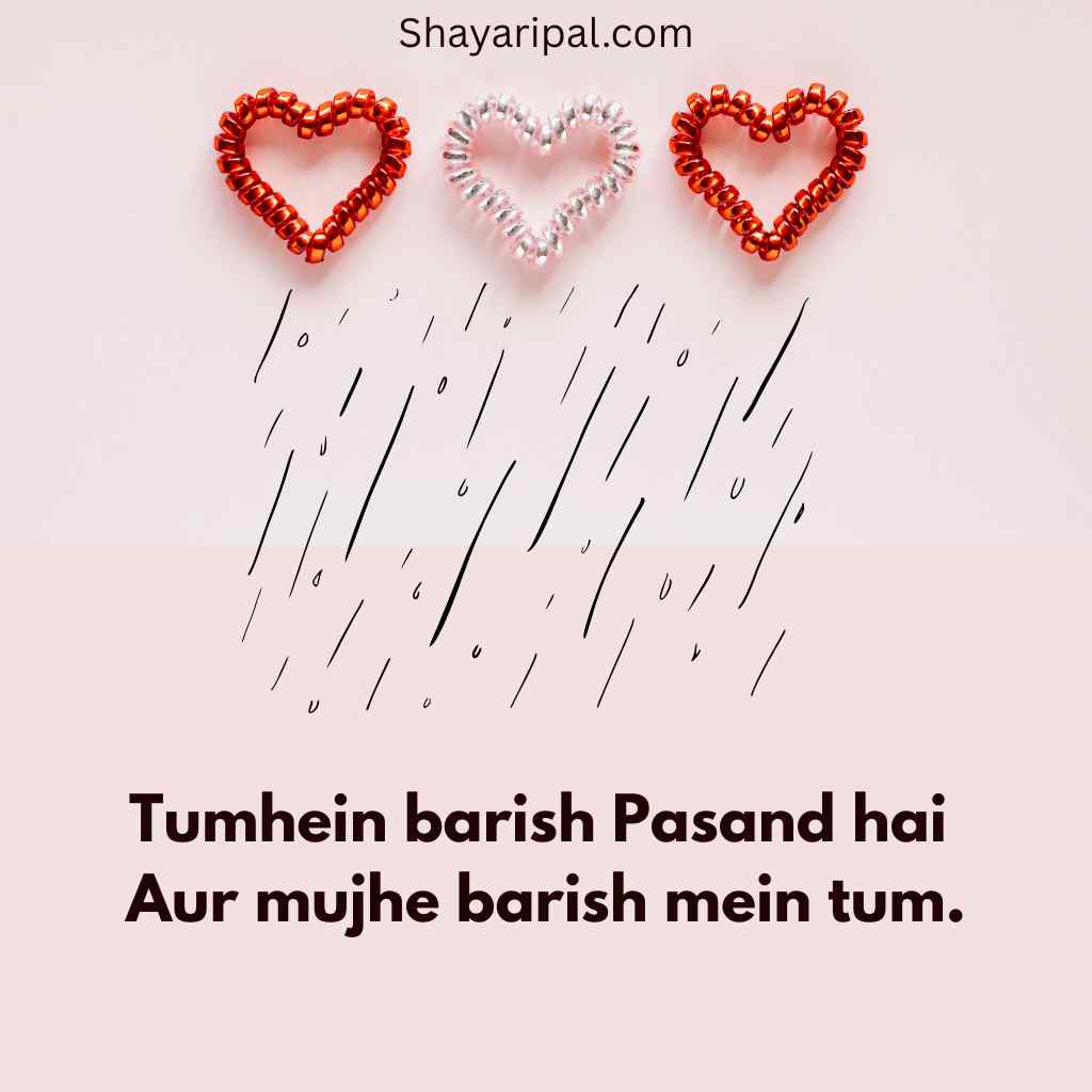 Romantic rain love shayari image with heart shapes and emotional couple quote