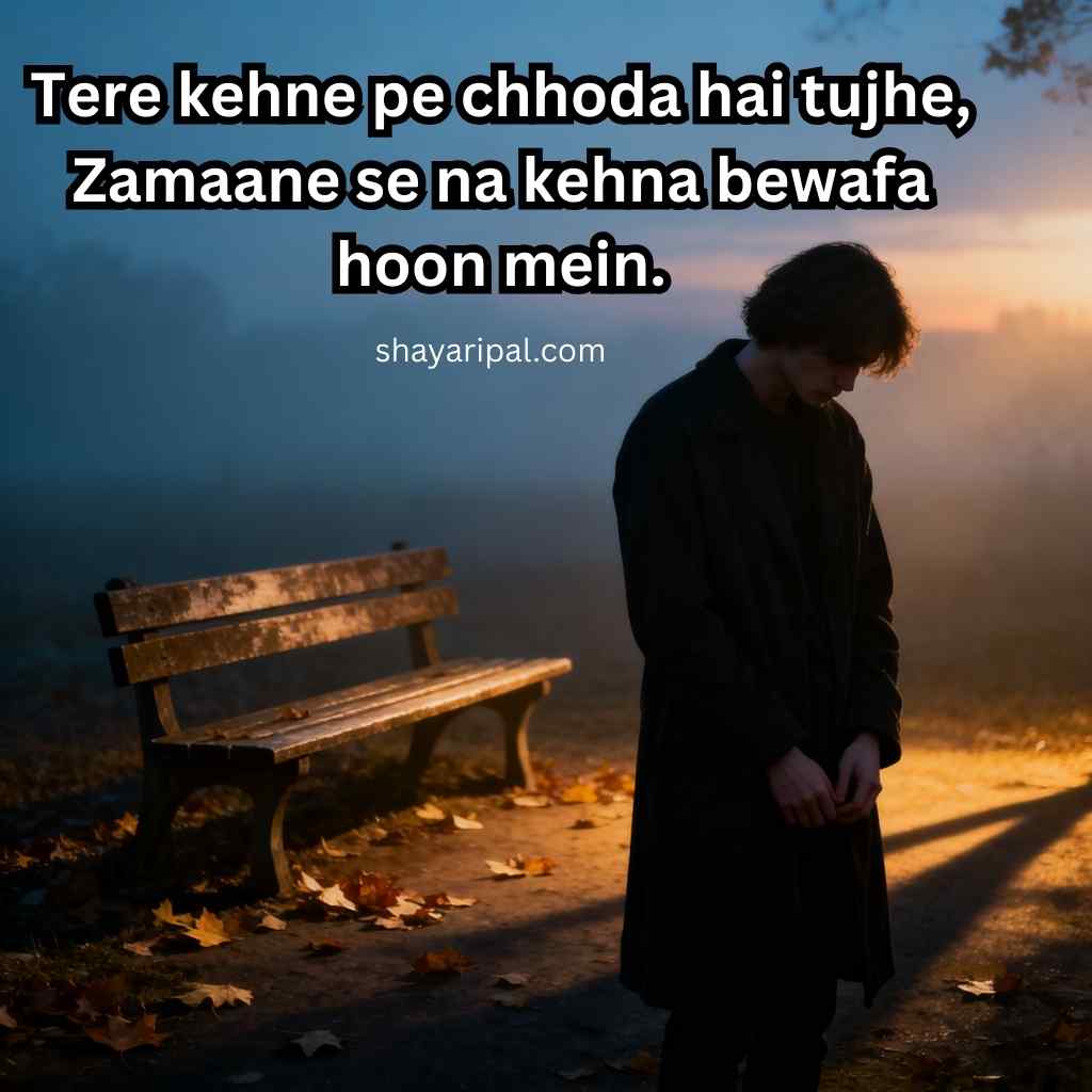 Sad boy standing near a bench at sunset with heart touching broken shayari in english