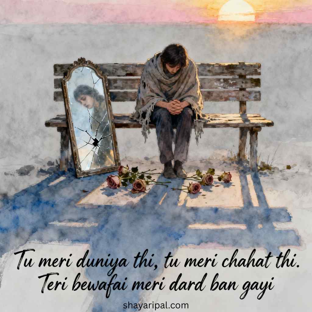 Broken mirror and roses beside lonely man on bench with emotional dard bhari bewafa shayari in english