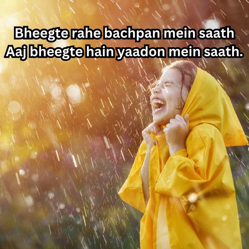 Happy child enjoying rain in yellow raincoat with nostalgic Urdu rain quote