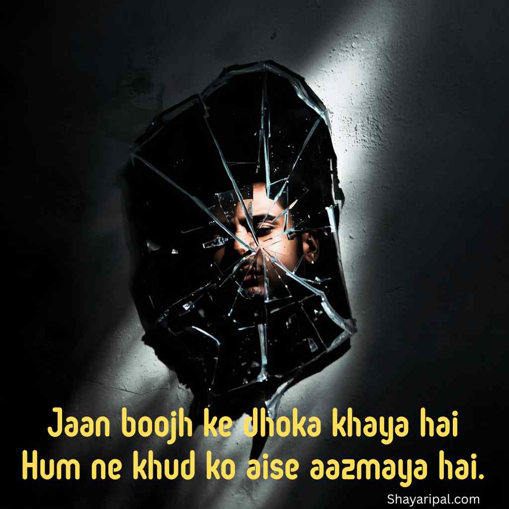 Broken mirror face with dhoka shayari about betrayal and self pain