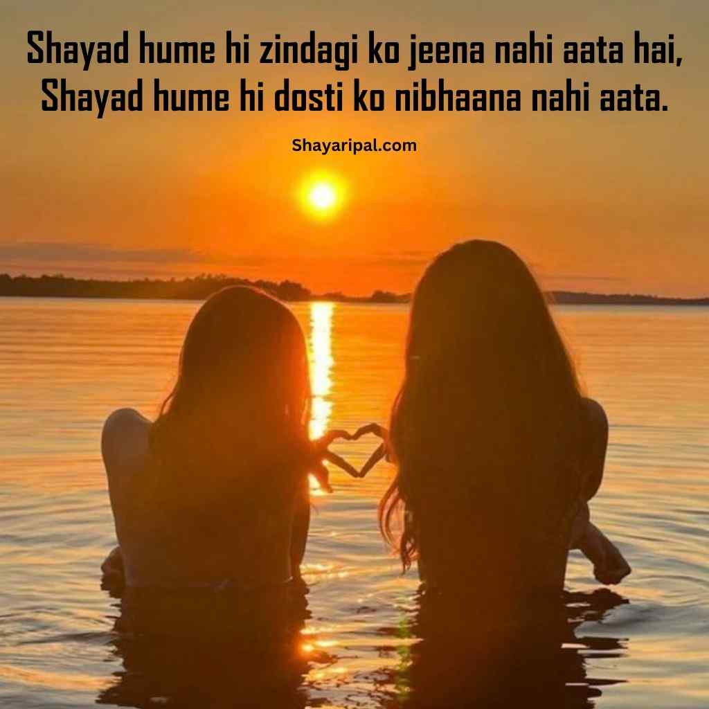 Emotional dosti shayari in english at sunset with best friend vibe