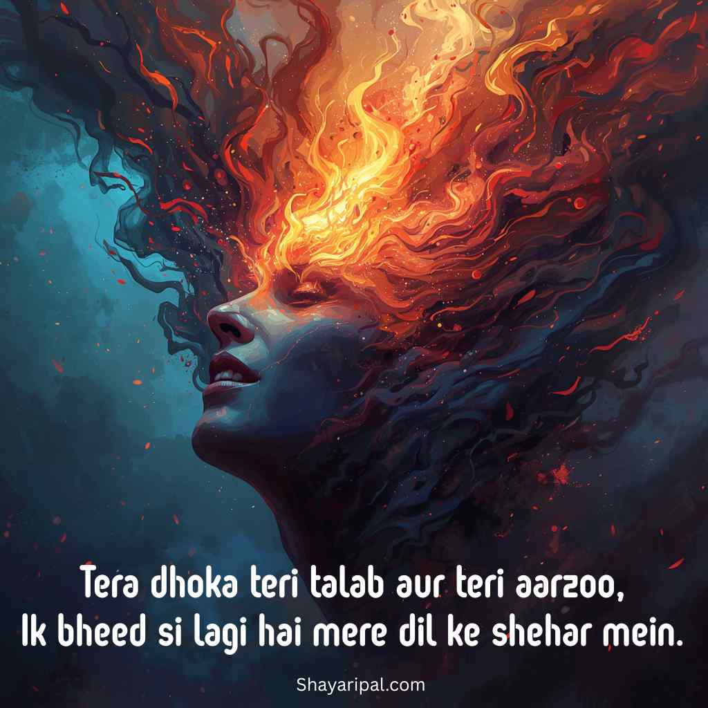 Emotional dhoka shayari with artistic burning face representing heartbreak and love